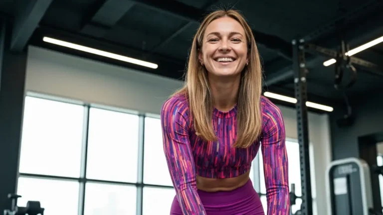 Anna Lewandowska uśmiecha się do aparatu, ubrana w elegancki strój sportowy, na tle nowoczesnego studia fitness