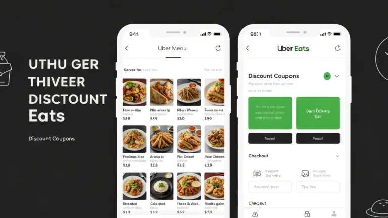 Interfejs aplikacji Uber Eats z menu restauracji, kuponami rabatowymi i opcją zamawiania jedzenia na telefonie