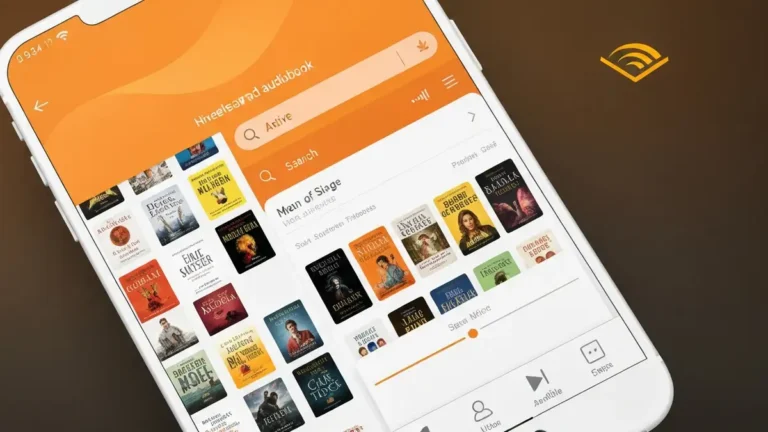 Ekran główny aplikacji Audible z katalogiem audiobooków i przyciskami sterowania odtwarzaniem
