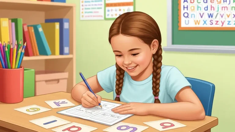 Dziewczynka pierwszoklasista pisze na karcie pracy, pracując nad ćwiczeniami na dysleksję z kolorowymi literami i ilustracjami