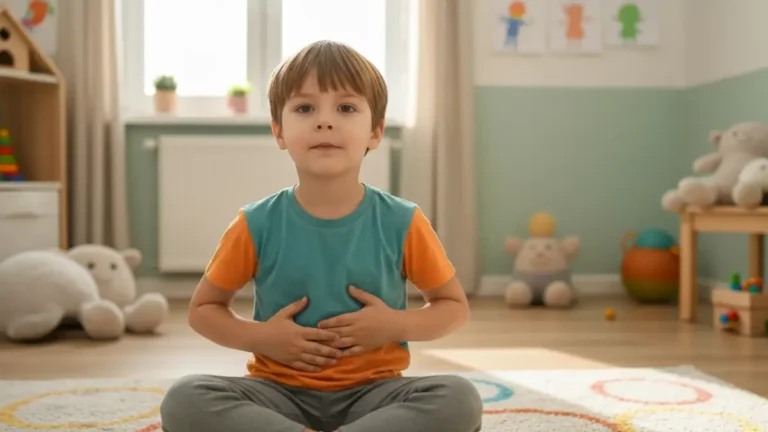 Dziecko wykonujące ćwiczenie oddechowe - terapia logopedyczna