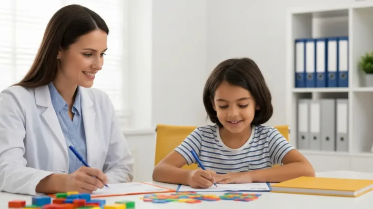 Dziecko siedzi w poradni u psychologa do diagnozy ADHD, specjalista obserwuje wykonywanie testów, na biurku leżą materiały diagnostyczne