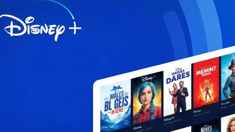 Logo Disney Plus obok ekranu smartTV wyświetlającego seriale i filmy
