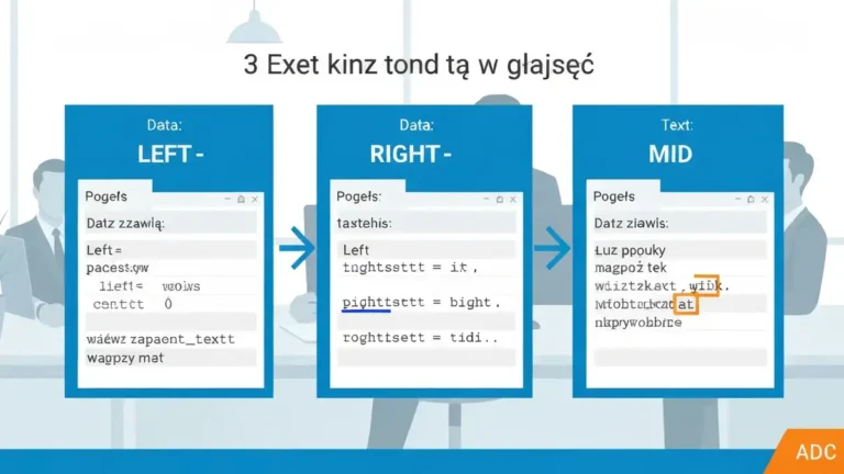 Grafika pokazująca funkcje tekstowe w Excelu: LEWY, PRAWY i FRAGMENT.TEKSTU z przykładowymi danymi i wynikami