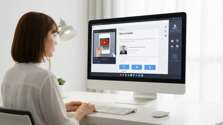 Osoba na komputerze pobierająca wideo z YouTube bezpiecznie przy użyciu aplikacji