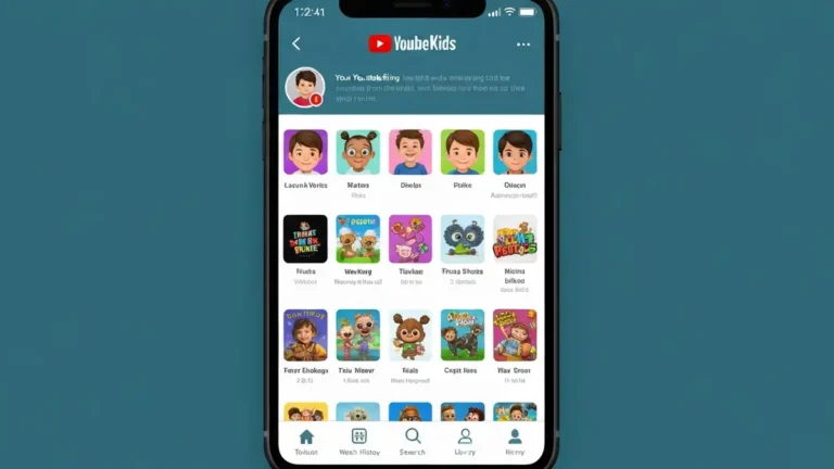 Ekran startowy aplikacji YouTube Kids z ikonami kategorii treści i profilami dzieci