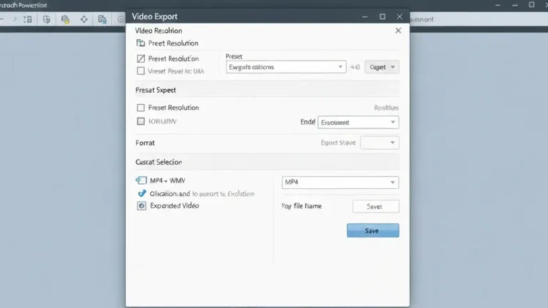Ekran menu PowerPoint z opcją eksportu do wideo i ustawieniami rozdzielczości