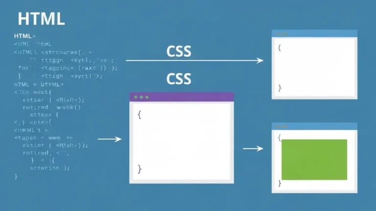 Diagram pokazujący strukturę strony HTML z tagami, arkuszami CSS i wyglądem końcowym
