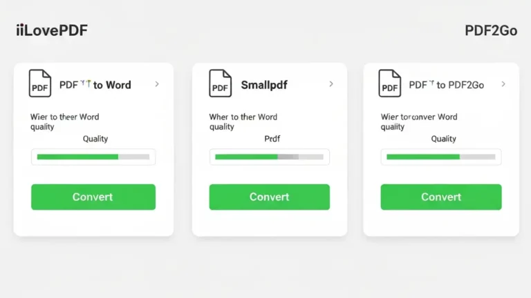 Porównanie trzech interfejsów narzędzi do konwersji PDF - iLovePDF, Smallpdf i PDF2Go z zielonymi przyciskami konwersji i ikonami dokumentów