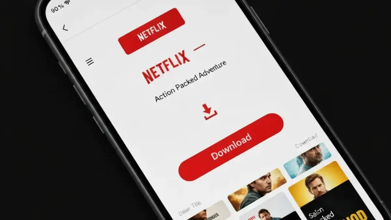 Ekran aplikacji Netflix z przyciskiem pobierania filmu na telefonie