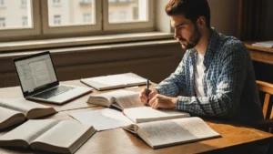 Student przy biurku pisze prace licencjacka otoczony notatkami i podrecznikami akademickimi