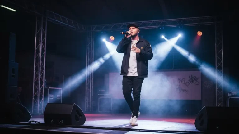 Quebonafide - polski raper w czarnych ubraniach na scenie während koncertu hip-hopowego