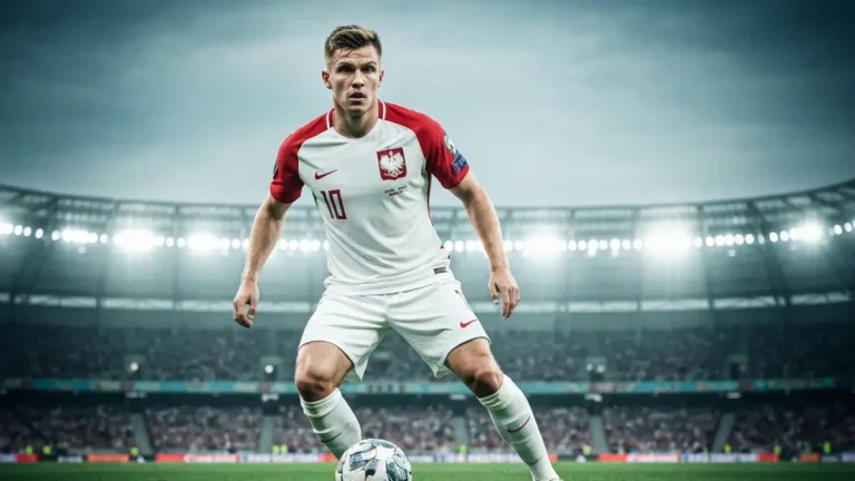 Radosław Majdan w stroju piłkarskim reprezentacji Polski, pozujący zawodowo do zdjęcia