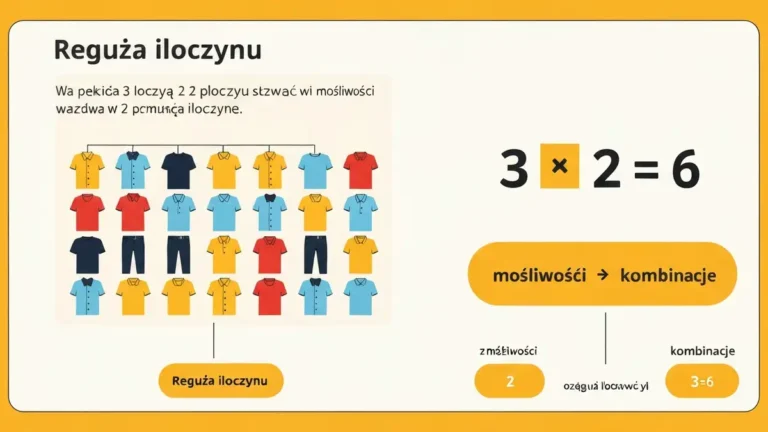 Ilustracja reguły iloczynu w kombinatoryce - przykład wyboru ubrania: trzy koszulki pomnożone przez dwa spodnie dające sześć zestawów
