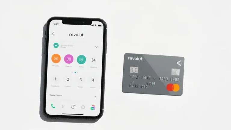 Smartfon z otwarta aplikacja Revolut i karta platnicza na jasnym tle