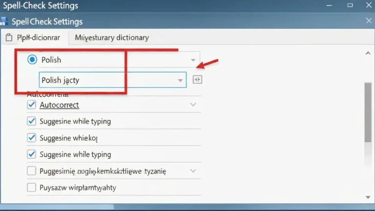 Okno ustawień sprawdzania pisowni w Microsoft Word z zaznaczonymi opcjami konfiguracji słownika i AutoKorekty