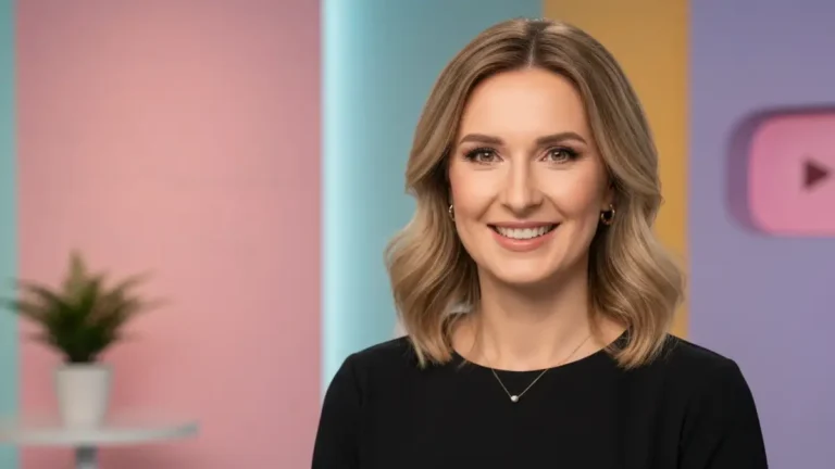Portret Wersow youtuberki, kobieta uśmiechająca się do kamery na tle studia YouTube