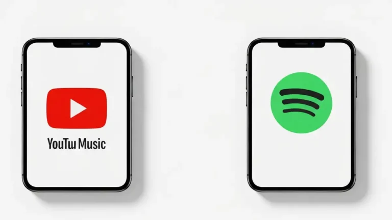 Porównanie logotypów YouTube Music i Spotify z ikonami aplikacji na tle smartfona