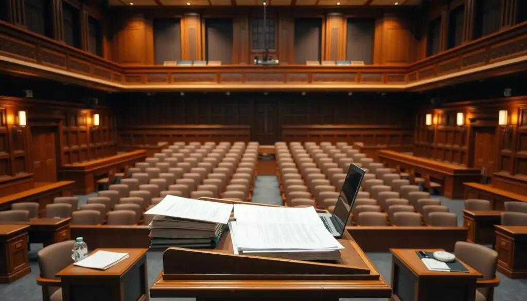 A formal academic setting, a university lecture hall, with elegant wooden furniture and high ceilings. In the foreground, a podium stands prominently, its surface covered with documents, books, and a laptop, hinting at the requirements and procedures for a thesis defense. In the middle ground, rows of chairs face the podium, creating an atmosphere of anticipation and scrutiny. The background is softly lit, with warm lighting casting a contemplative glow, suggesting the gravity and importance of the occasion. The overall scene conveys the formality, rigor, and high expectations associated with the successful completion of a graduate degree.