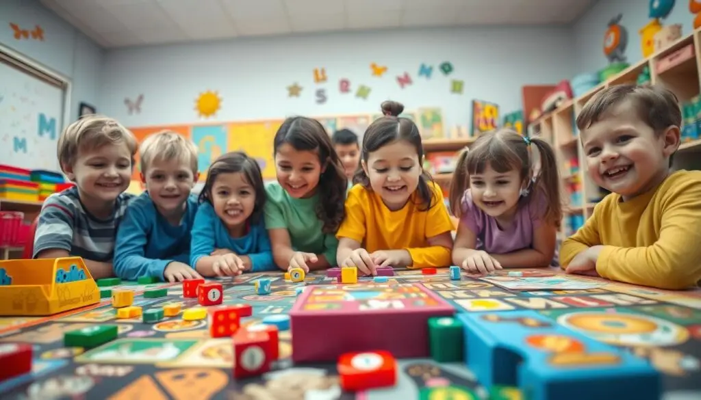 A classroom filled with vibrant, educational board games for children. In the foreground, a group of young students gathered around a colorful, interactive game, their faces alight with excitement and concentration. The middle ground showcases a variety of game pieces, dice, and cards, hinting at the diverse range of learning experiences available. In the background, a cheerful, well-lit classroom setting with whimsical wall decorations and shelves stocked with more educational games. The overall atmosphere conveys a sense of joyful, hands-on learning, where children can explore and discover while having fun. Captured with a wide-angle lens and soft, diffused lighting to create a warm and inviting scene. A classroom filled with vibrant, educational board games for children. In the foreground, a group of young students gathered around a colorful, interactive game, their faces alight with excitement and concentration. The middle ground showcases a variety of game pieces, dice, and cards, hinting at the diverse range of learning experiences available. In the background, a cheerful, well-lit classroom setting with whimsical wall decorations and shelves stocked with more educational games. The overall atmosphere conveys a sense of joyful, hands-on learning, where children can explore and discover while having fun. Captured with a wide-angle lens and soft, diffused lighting to create a warm and inviting scene.