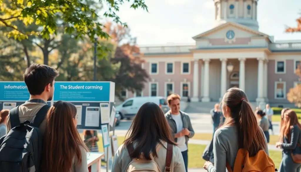 A college campus with a focus on key aspects of student recruitment. In the foreground, a group of students enthusiastically discussing academic programs, enrollment requirements, and scholarship opportunities, captured in a warm, natural lighting. In the middle ground, an information booth with brochures and a friendly staff member answering questions. In the background, a grand university building with classical architecture, evoking a sense of prestige and tradition. The overall scene conveys the excitement and importance of the student recruitment process, inviting the viewer to imagine themselves as a prospective student.