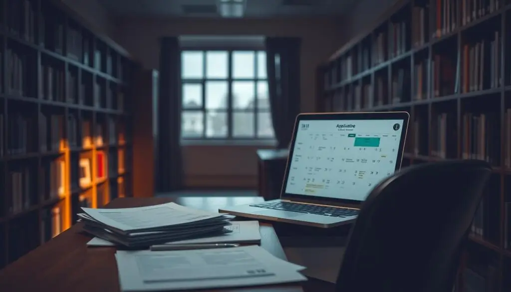 A dimly lit academic office, with a desk and chair in the foreground. On the desk, a stack of application forms and a laptop open to a deadline calendar. The middle ground features bookshelves lining the walls, casting warm shadows. The background is slightly blurred, hinting at a window overlooking a university campus on a cloudy day. The scene conveys a sense of serious focus and impending deadlines, setting the stage for the "Terminy składania wniosków o stypendia naukowe" subject.