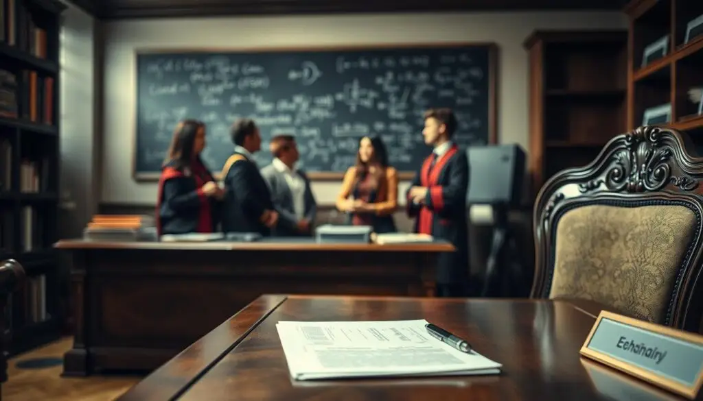 A dimly lit academic setting, with a large wooden desk and an ornate chair in the foreground. On the desk, a stack of papers, a pen, and a name plate. In the middle ground, a group of prospective doctoral candidates discussing the application process, their expressions thoughtful. The background is blurred, hinting at shelves of books and a chalkboard filled with academic formulas. The scene conveys a sense of serious contemplation, the air heavy with the weight of an important decision.