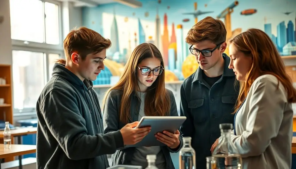 A dynamic and innovative classroom setting, illuminated by warm, natural lighting from large windows. In the foreground, a group of high school students intently examining a digital tablet, engaged in a collaborative learning activity. The middle ground features a modern, well-equipped science lab with various scientific instruments and equipment, hinting at the new, technologically-advanced curriculum. In the background, a vibrant, colorful mural depicting futuristic cityscapes and technological advancements, symbolizing the preparatory nature of this educational program. An atmosphere of curiosity, discovery, and excitement pervades the scene, reflecting the "Nowości w programie nauczania" and the school's commitment to preparing students for future challenges.