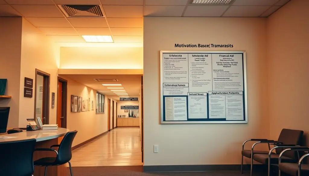 A modern, well-lit interior of a university administrative office, with a reception desk and several chairs in the foreground. The middle ground features a bulletin board displaying various scholarship and financial aid information, including application forms and deadlines. The background shows a hallway leading to other offices, with directional signs pointing the way. The lighting is warm and inviting, creating a professional yet approachable atmosphere. The scene conveys a sense of a welcoming and organized space where students can inquire about and apply for motivational scholarships based on academic performance.