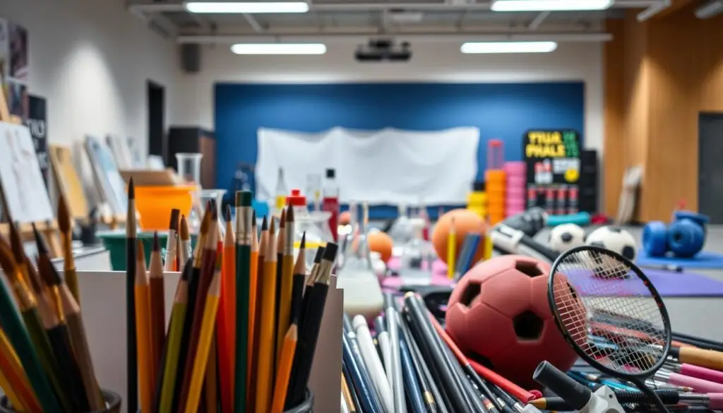 A neatly arranged display of diverse extracurricular subjects in a modern high school setting. In the foreground, an array of artistic tools - paintbrushes, sketchpads, and charcoal pencils - symbolizing the creative arts. In the middle ground, scientific equipment like beakers, Bunsen burners, and microscopes, hinting at the depth of the school's STEM offerings. In the background, a variety of sports equipment - soccer balls, tennis rackets, and yoga mats - showcasing the breadth of physical activities available. Soft, diffused lighting illuminates the scene, creating a warm, inviting atmosphere that encourages exploration and the nurturing of passions beyond the core curriculum.