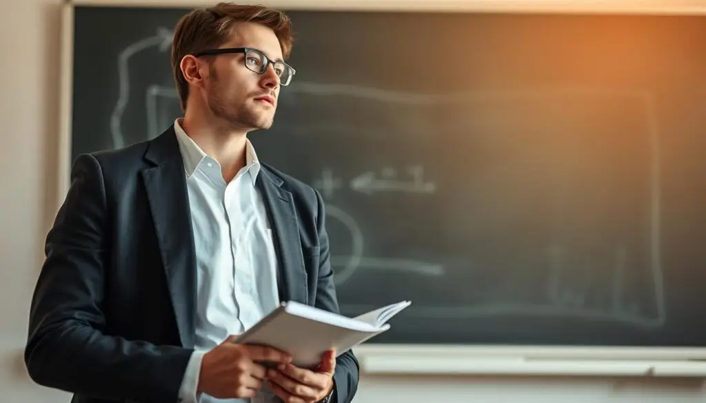 A professional teacher standing in a classroom, contemplating their career development plan. The foreground focuses on the teacher, dressed in formal attire, holding a notebook and pen, with a pensive expression. The middle ground shows a chalkboard or whiteboard in the background, symbolizing the academic setting. Soft, warm lighting illuminates the scene, creating a thoughtful and introspective atmosphere. The composition emphasizes the teacher's dedication to their professional growth, captured in a moment of strategic planning for their future.