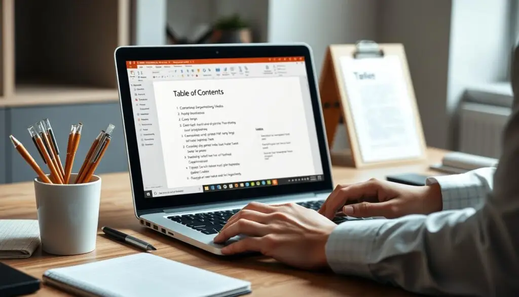 A professional, well-lit scene of a person's workspace, focused on preparing a table of contents in Microsoft PowerPoint. The scene features a laptop with the PowerPoint interface visible, surrounded by office supplies like pens, a notebook, and a cup of coffee. The background is slightly blurred, emphasizing the task at hand. The lighting is soft and directional, creating subtle shadows and highlights that enhance the sense of depth and three-dimensionality. The overall mood is one of focused productivity and attention to detail, as the person meticulously organizes the structure of their presentation.