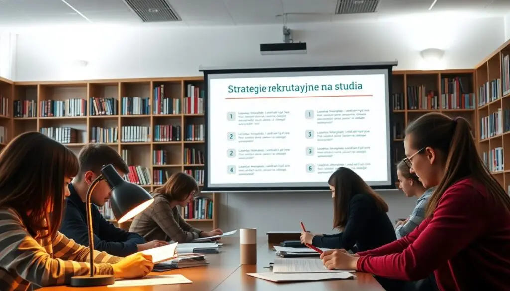 A serene academic setting with a striking visual display showcasing various strategies for gaining additional admission points. In the foreground, a group of determined students poring over application materials, their faces illuminated by the warm glow of a desk lamp. In the middle ground, a projection screen displays a presentation on "Strategie rekrutacyjne na studia", the content meticulously designed to capture the attention of the prospective university applicants. The background features a bookshelf-lined wall, conveying an atmosphere of scholarly pursuit and intellectual exploration. The lighting is a soft, diffused mix of natural and artificial sources, creating a contemplative and aspirational mood. The overall scene embodies the notion of proactive, well-planned strategies for navigating the university admissions process.