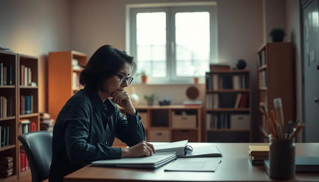 A serene and contemplative scene of a teacher engaged in professional development. In the foreground, a teacher sits at a desk, deeply immersed in study materials and notes, with a pensive expression. Soft, diffused lighting illuminates the scene, creating a warm and introspective atmosphere. In the middle ground, bookshelves and educational resources line the walls, hinting at the teacher's dedication to continuous learning. The background features a large window, allowing natural light to pour in and suggesting a sense of openness and possibility. The overall composition conveys a sense of focus, growth, and the teacher's commitment to enhancing their professional skills and knowledge.