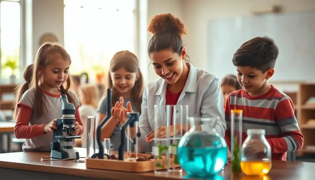 A serene classroom setting with a group of young students actively engaged in hands-on learning. In the foreground, a teacher guides them through an interactive science experiment, their faces alight with wonder and curiosity. The middle ground showcases a variety of educational materials, including microscopes, test tubes, and natural specimens, inviting the students to explore and discover. The background depicts a well-lit, airy space with large windows, fostering an atmosphere of exploration and inquiry. Soft, natural lighting casts a warm glow, conveying a sense of tranquility and collaborative learning. The overall scene embodies the essence of "teaching through experience and experimentation," capturing the joy and engagement of active, student-centered pedagogy. A serene classroom setting with a group of young students actively engaged in hands-on learning. In the foreground, a teacher guides them through an interactive science experiment, their faces alight with wonder and curiosity. The middle ground showcases a variety of educational materials, including microscopes, test tubes, and natural specimens, inviting the students to explore and discover. The background depicts a well-lit, airy space with large windows, fostering an atmosphere of exploration and inquiry. Soft, natural lighting casts a warm glow, conveying a sense of tranquility and collaborative learning. The overall scene embodies the essence of "teaching through experience and experimentation," capturing the joy and engagement of active, student-centered pedagogy.