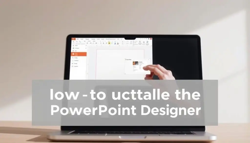 A step-by-step tutorial on activating the PowerPoint Designer, showcased in a clean, minimalist design. In the foreground, a laptop screen displays the PowerPoint interface, with the Designer panel open and ready for use. The middle ground features a person's hands interacting with the laptop, guiding the viewer through the activation process. The background is a soft, blurred gradient, creating a sense of focus and simplicity. The lighting is natural and diffused, casting a warm, productive tone. The camera angle is slightly elevated, providing an accessible, instructional perspective. Overall, the image conveys a clear, informative, and visually appealing guide to enabling the PowerPoint Designer functionality. A step-by-step tutorial on activating the PowerPoint Designer, showcased in a clean, minimalist design. In the foreground, a laptop screen displays the PowerPoint interface, with the Designer panel open and ready for use. The middle ground features a person's hands interacting with the laptop, guiding the viewer through the activation process. The background is a soft, blurred gradient, creating a sense of focus and simplicity. The lighting is natural and diffused, casting a warm, productive tone. The camera angle is slightly elevated, providing an accessible, instructional perspective. Overall, the image conveys a clear, informative, and visually appealing guide to enabling the PowerPoint Designer functionality.