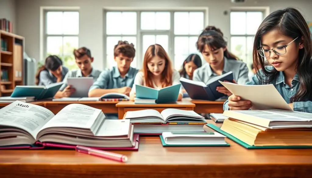 A stylized and detailed academic setting, showcasing the extended subjects studied in the final year of high school. In the foreground, textbooks, notebooks, and learning materials for specific advanced courses like mathematics, physics, and biology, arranged thoughtfully on a wooden desk. In the middle ground, students earnestly engaged in independent study, their faces focused but their postures relaxed. The background depicts a spacious, well-lit classroom with large windows, evoking a sense of intellectual exploration and growth. The overall atmosphere is one of serious dedication, with a touch of anticipation for the path of specialization to come.