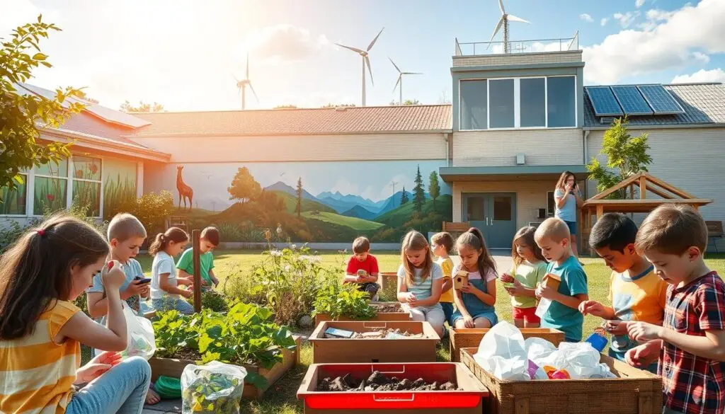 A vibrant, eco-friendly school scene. In the foreground, students engage in hands-on sustainable activities like sorting recyclables, tending to a vegetable garden, and constructing birdhouses. The middle ground features a colorful mural depicting natural landscapes and wildlife, inspired by the students' environmental conservation efforts. In the background, the school building showcases solar panels, wind turbines, and other renewable energy sources, casting a warm, natural light across the scene. The overall atmosphere conveys a sense of community, education, and a deep appreciation for the natural world.