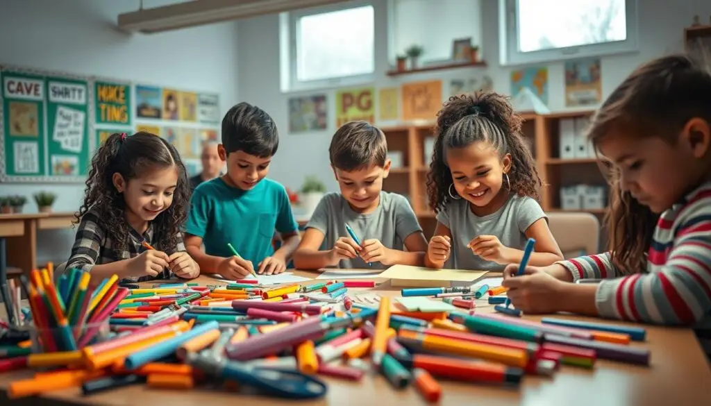 A vibrant, inspiring classroom scene with a diverse group of students engaged in creative projects. The foreground shows a table cluttered with art supplies, from colorful markers and scissors to construction paper and glue sticks. In the middle ground, several students work intently on their crafts, their faces alight with concentration and excitement. The background depicts a cheerful, well-lit classroom, with motivational posters and student artwork adorning the walls. Soft, warm lighting filters in through large windows, casting a cozy, inviting atmosphere. The overall mood is one of productivity, collaboration, and a sense of wonder as the students explore their creativity.