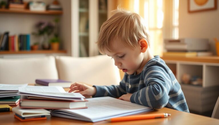 Dziecko z ADHD w trakcie nauki w domu, pokazujące charakterystyczne objawy nadpobudliwości