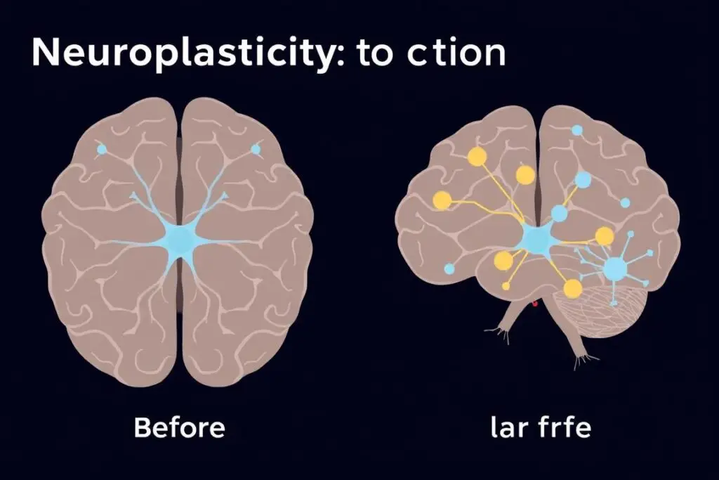 Ilustracja przedstawiająca proces neuroplastyczności i tworzenia nowych połączeń w mózgu