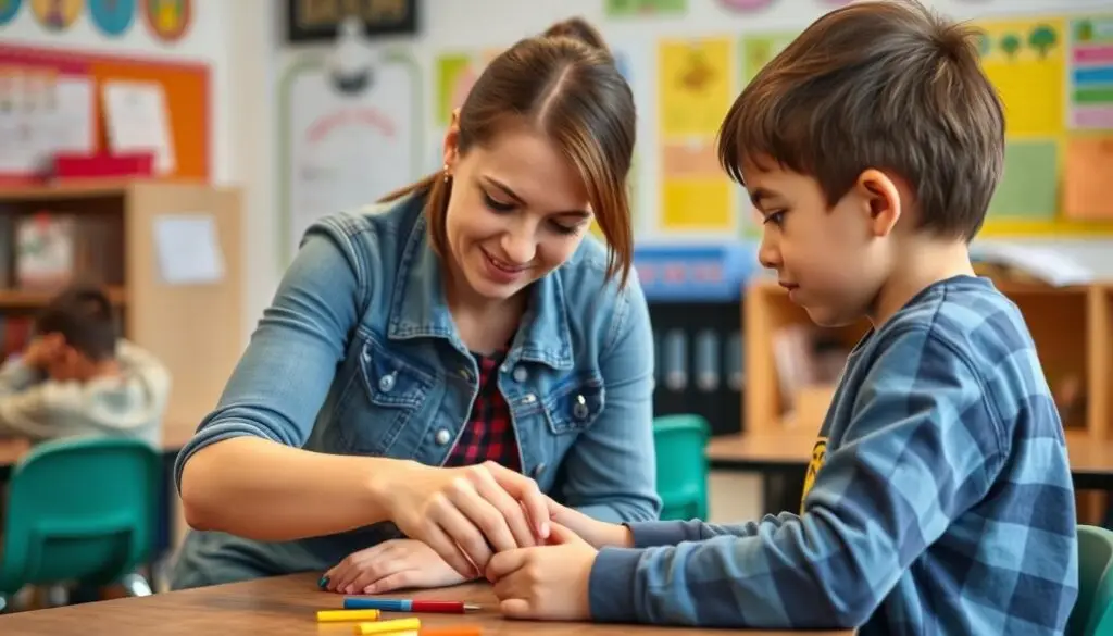 Nauczyciel wspierający dziecko niedostosowane społecznie podczas zajęć szkolnych