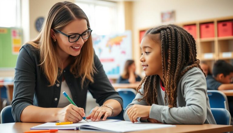 Nauczycielka wspierająca ucznia z indywidualnymi potrzebami edukacyjnymi podczas zajęć w klasie