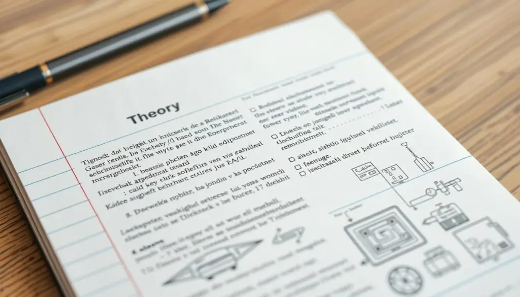 Notatki z teorii technicznej w zeszycie w linię z małymi schematami