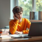 Osoba próbująca się zmotywować do nauki przy biurku z książkami i laptopem