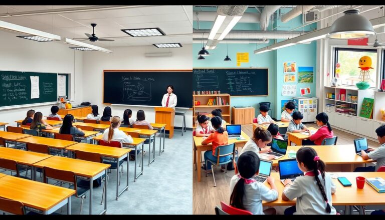 Porównanie tradycyjnej klasy z nowoczesną przestrzenią edukacyjną wykorzystującą nowoczesne metody nauczania