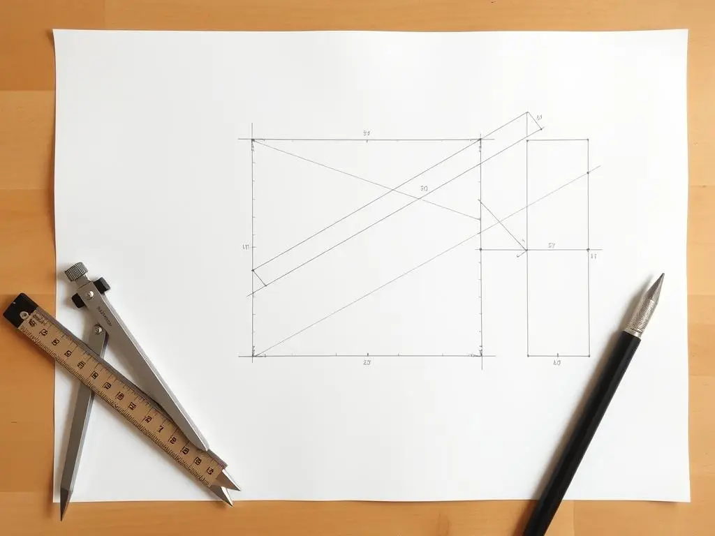 Precyzyjny rysunek techniczny na gładkim papierze z użyciem przyborów geometrycznych