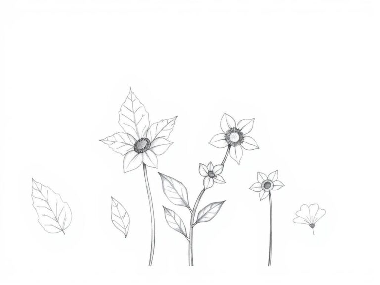 Prosty rysunek liści i kwiatów wykonany ołówkiem