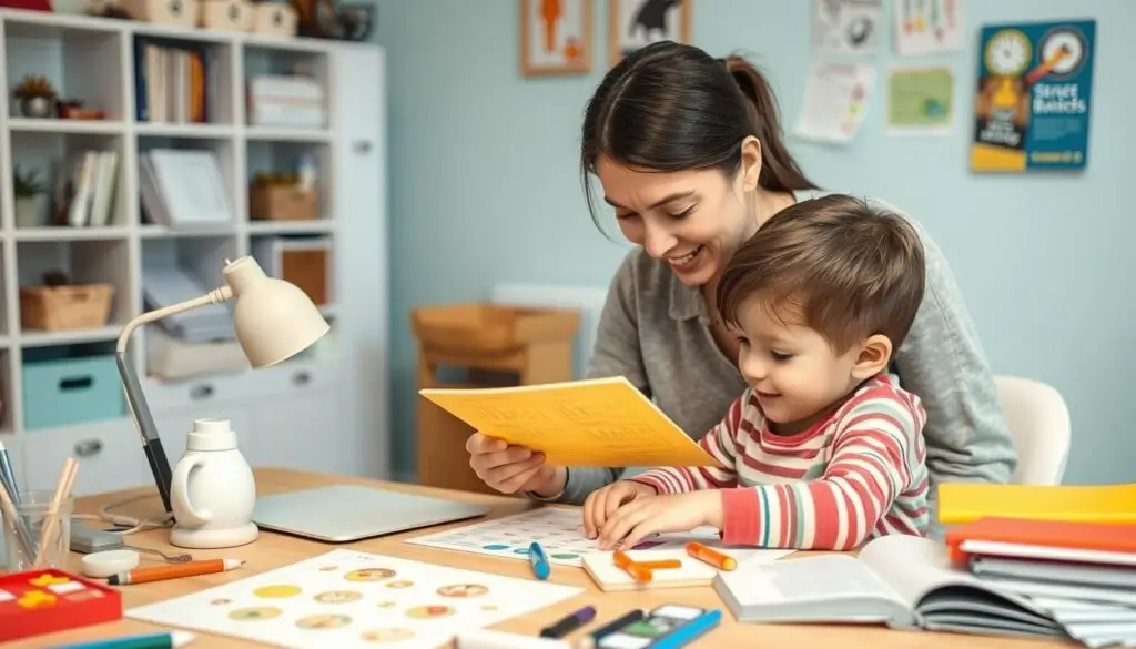 Rodzic pracujący z dzieckiem z niepełnosprawnością intelektualną nad zadaniami edukacyjnymi