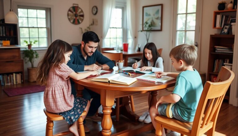 Rodzina ucząca się w ramach edukacji domowej przy stole w domu